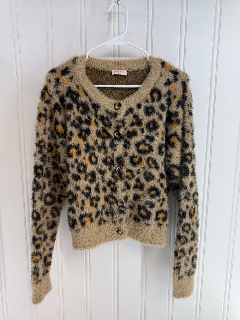 Fuzzy Leopard Print Button-Front Cardigan Sweater - Beige/Black